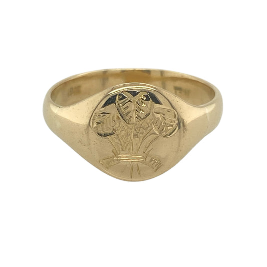 18ct Gold Welsh Three Feathers Oval Signet Ring