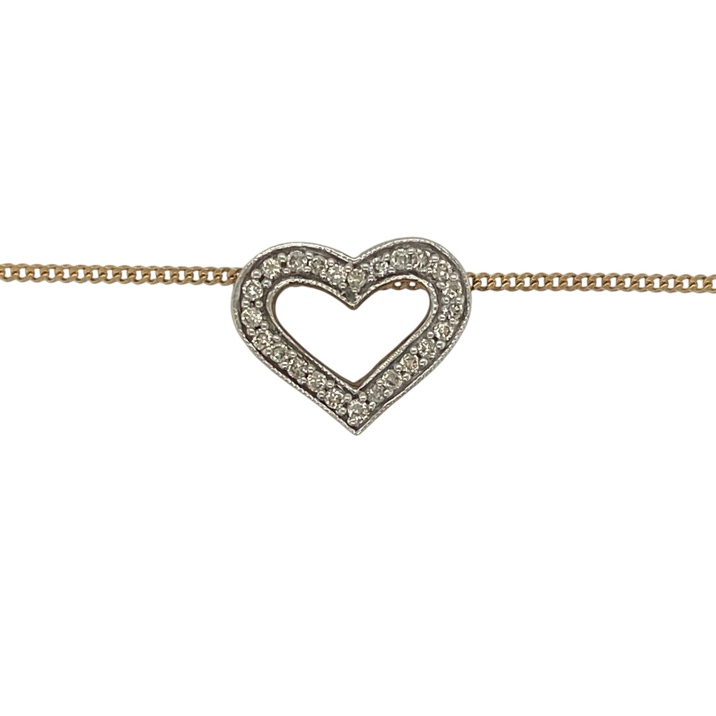 A beautiful symbol of love and affection, this pre-owned 9ct yellow gold diamond open heart pendant necklace combines timeless elegance with delicate sparkle. Featuring a classic heart design accented with diamonds, this necklace is perfect for everyday wear or as a meaningful gift for someone special.

Design: The necklace features an elegant open heart pendant measuring approximately 16mm by 13mm.