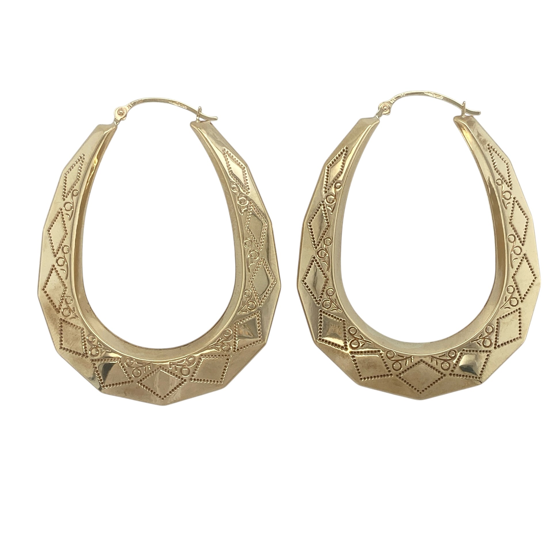 9ct Gold Patterned Large Creole Earrings