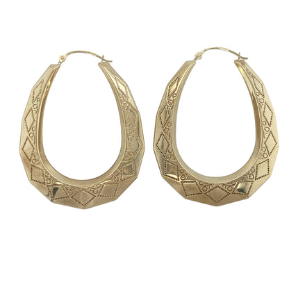 9ct Gold Patterned Large Creole Earrings