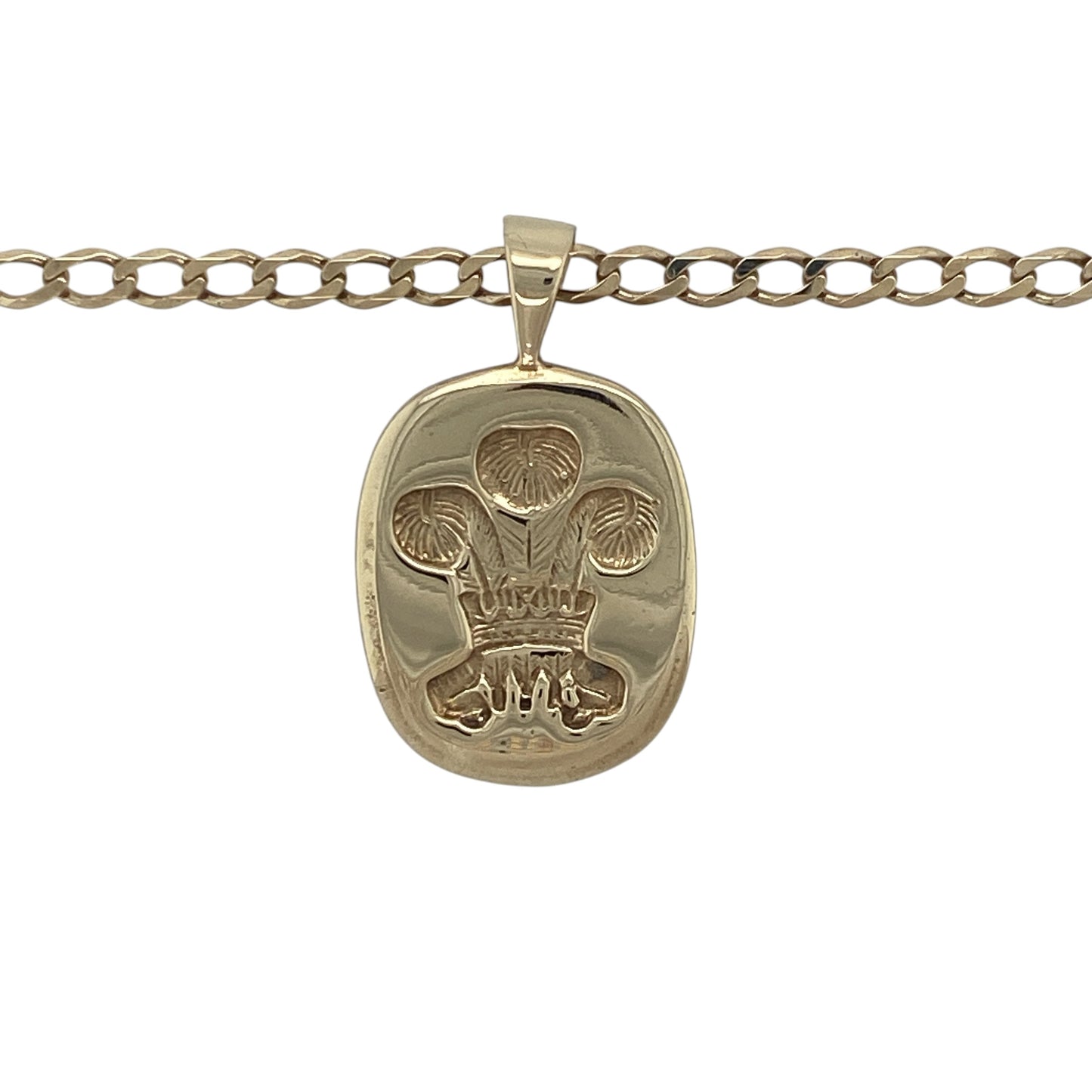 Celebrate Welsh heritage with this impressive pre-owned 9ct yellow gold Welsh Three Feathers pendant necklace. Featuring an engraved Three Feathers motif on a rounded rectangular pendant, this substantial piece combines timeless style with meaningful symbolism, making it an ideal keepsake or everyday accessory.

Design: The necklace features a rounded rectangular pendant engraved with the iconic Welsh Three Feathers emblem.