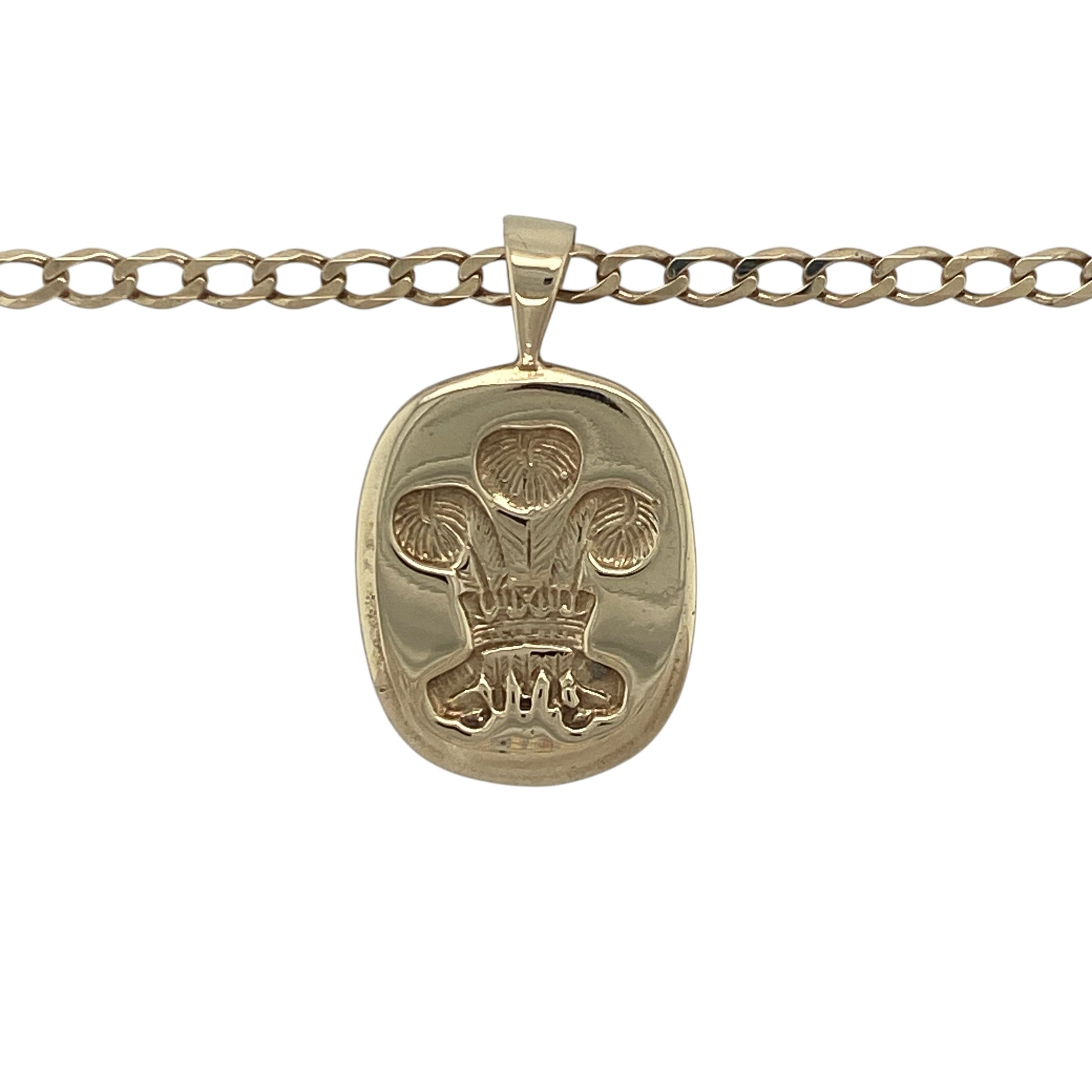 Celebrate Welsh heritage with this impressive pre-owned 9ct yellow gold Welsh Three Feathers pendant necklace. Featuring an engraved Three Feathers motif on a rounded rectangular pendant, this substantial piece combines timeless style with meaningful symbolism, making it an ideal keepsake or everyday accessory.

Design: The necklace features a rounded rectangular pendant engraved with the iconic Welsh Three Feathers emblem.