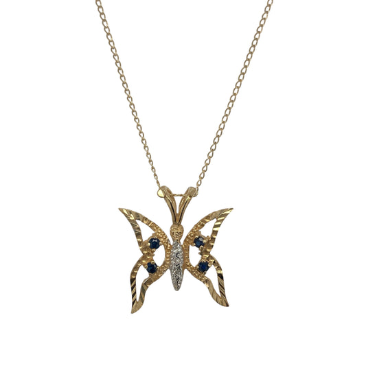 9ct Gold Diamond & Sapphire Butterfly 16" Necklace