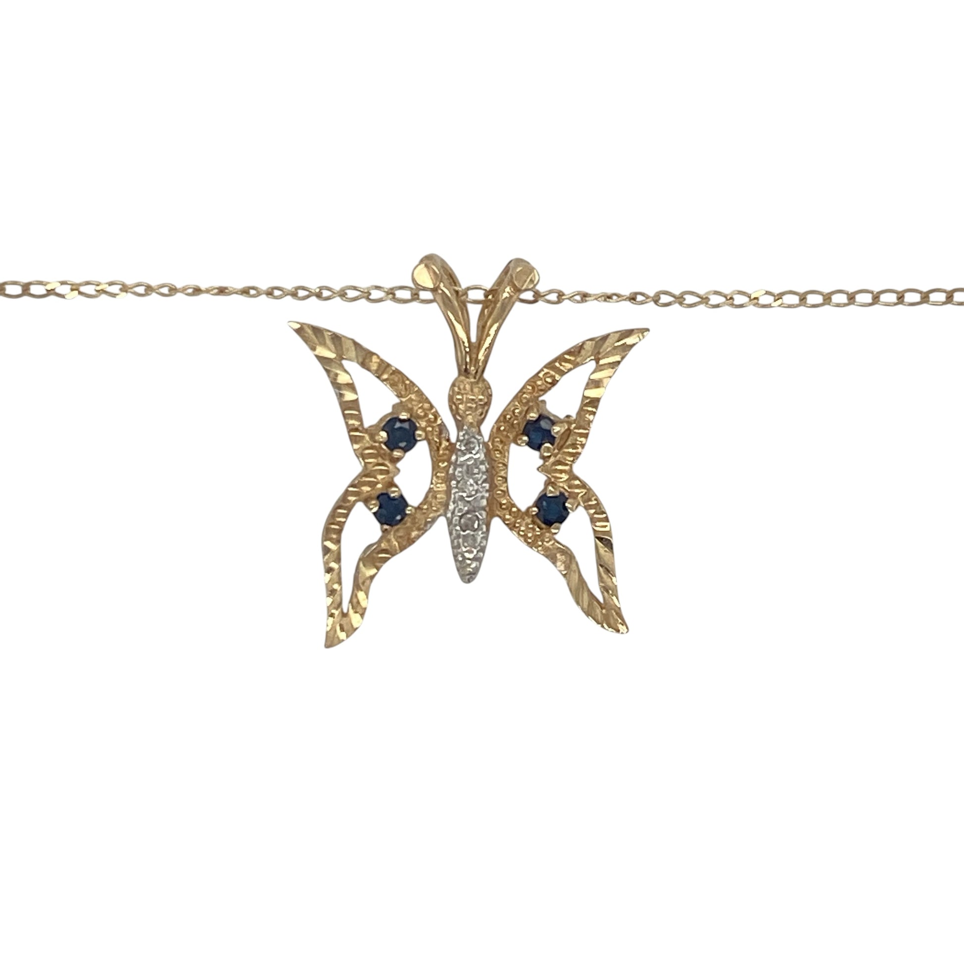 Delicate and full of charm, this pre-owned 9ct yellow gold diamond and sapphire butterfly pendant necklace beautifully combines graceful design with vibrant gemstone detail. Symbolising transformation, hope, and beauty, the butterfly motif makes this an elegant piece for everyday wear or a thoughtful gift.

Design: The necklace features a beautifully crafted butterfly pendant measuring approximately 2cm in length, including the bail.