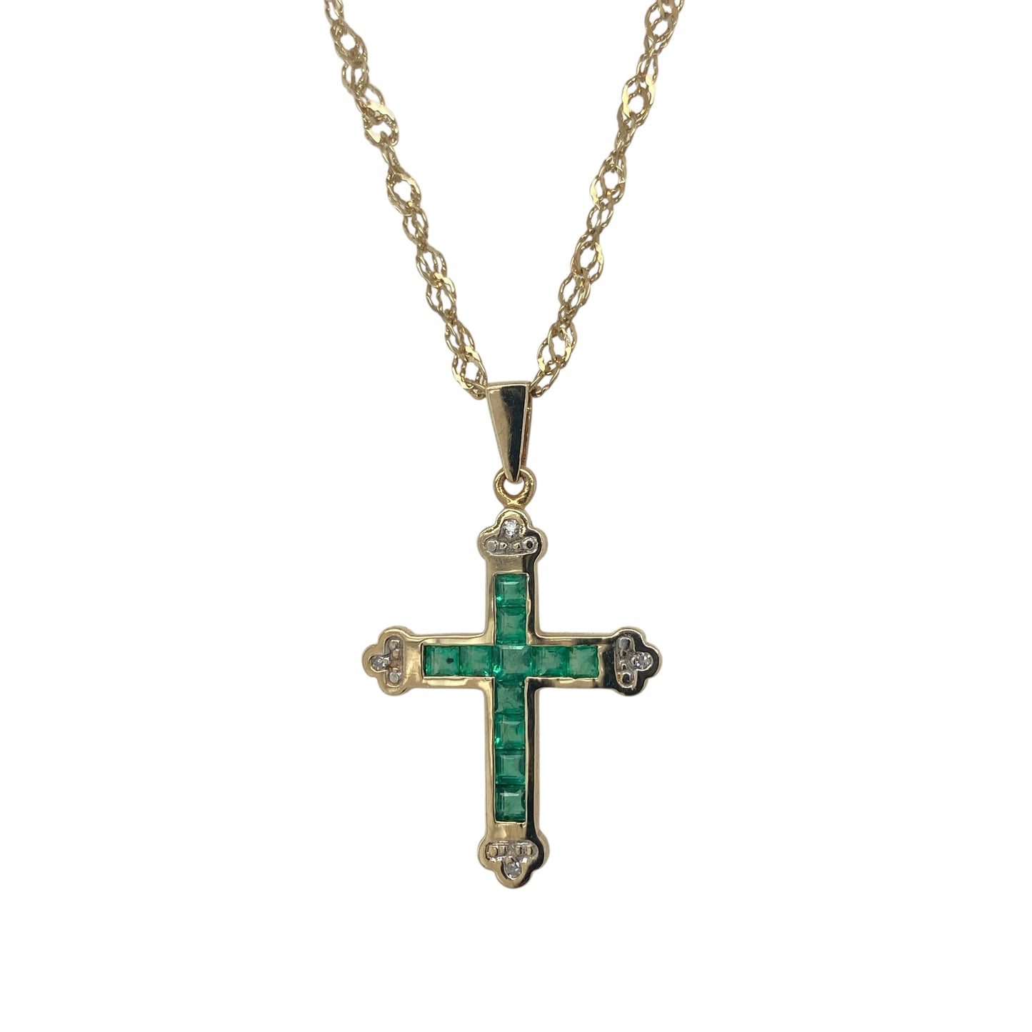 9ct Gold Diamond & Emerald Cross 18" Necklace