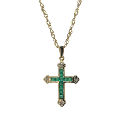 9ct Gold Diamond & Emerald Cross 18" Necklace