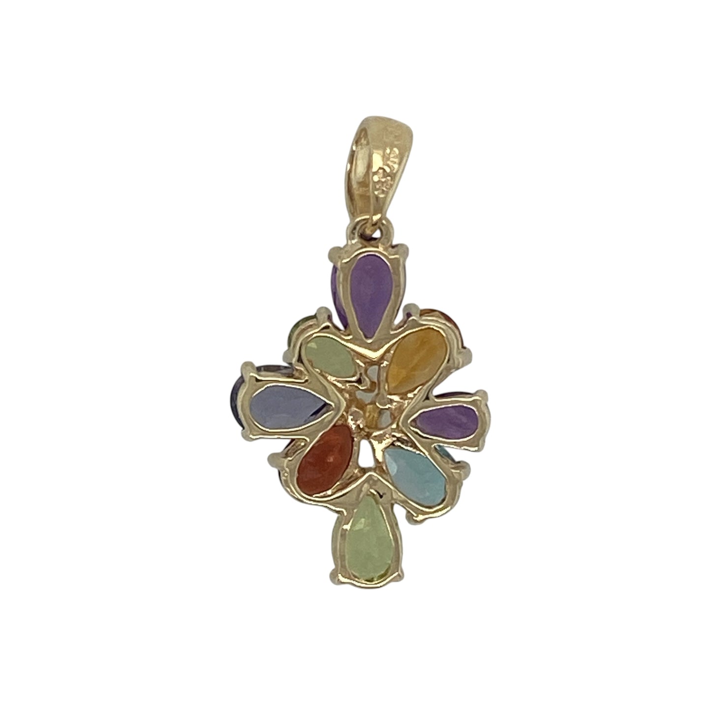 Colourful and elegant, this pre-owned 9ct yellow gold gemstone cluster pendant is a beautifully crafted piece that showcases a vibrant arrangement of natural gemstones in an eye-catching teardrop design. The harmonious blend of colours creates a striking pendant that is perfect for adding a touch of sophistication to any jewellery collection.

Design: The pendant features an elegant cluster of different-sized pear-shaped (teardrop) gemstones, carefully arranged to create a graceful and colourful display.