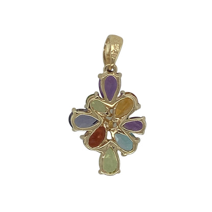 Colourful and elegant, this pre-owned 9ct yellow gold gemstone cluster pendant is a beautifully crafted piece that showcases a vibrant arrangement of natural gemstones in an eye-catching teardrop design. The harmonious blend of colours creates a striking pendant that is perfect for adding a touch of sophistication to any jewellery collection.

Design: The pendant features an elegant cluster of different-sized pear-shaped (teardrop) gemstones, carefully arranged to create a graceful and colourful display.
