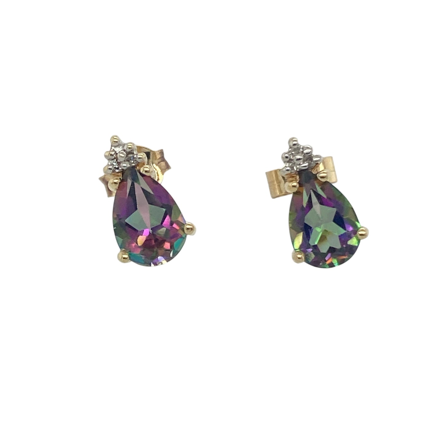 Striking and elegant, these pre-owned 9ct yellow gold diamond and mystic topaz teardrop stud earrings beautifully showcase the captivating iridescent colours of mystic topaz, complemented by sparkling diamond accents. Their timeless pear-shaped design makes them a sophisticated choice for both everyday elegance and special occasions.

Design: The earrings feature elegant pear-shaped (teardrop) mystic topaz gemstones, accented with sparkling diamonds that enhance their vibrant colours and refined styling.