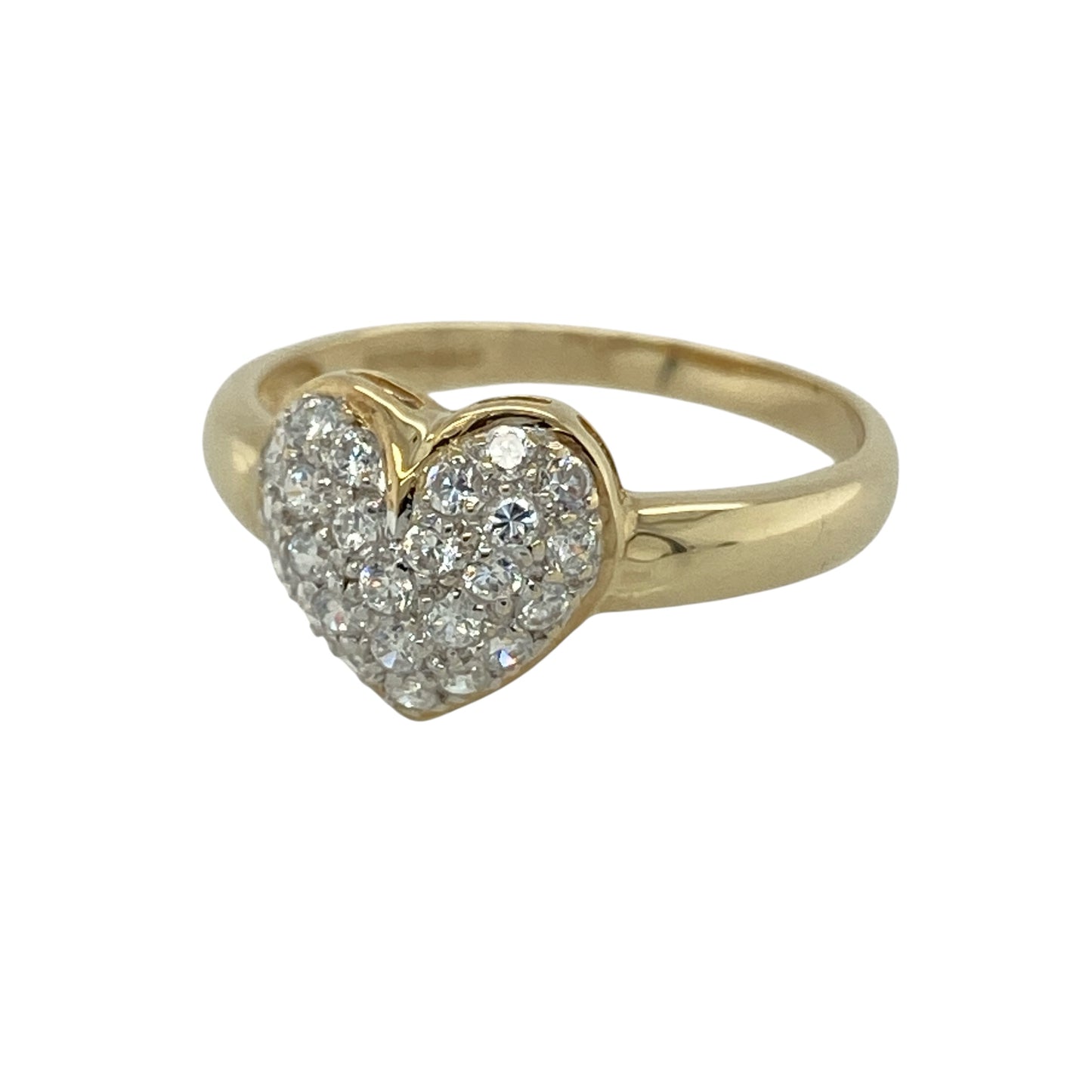 Bring romantic style and sparkling elegance to your jewellery collection with this pre-owned 9ct yellow gold cubic zirconia heart ring, featuring a beautifully detailed heart design that is perfect for everyday wear or as a meaningful gift.

Design: The ring features an eye-catching 10mm high heart-shaped design, adorned with multiple sparkling cubic zirconia stones. The stones are positioned within a white gold setting, creating a striking two-tone contrast that enhances their brilliance.