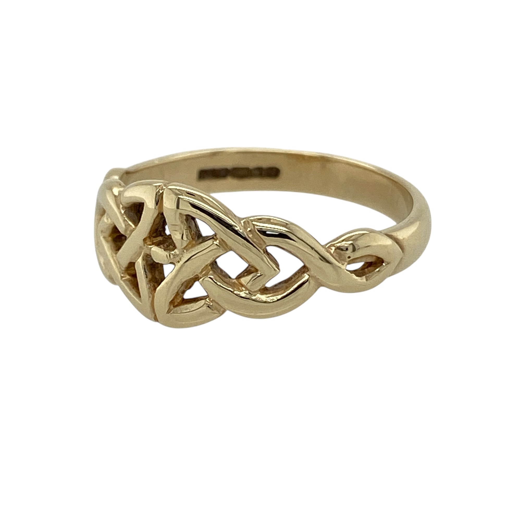 Bring timeless symbolism and traditional style to your jewellery collection with this pre-owned 9ct yellow gold Celtic knot ring, featuring an intricate openwork design that represents eternity, unity and everlasting connection.

Design: The ring showcases an elegant Celtic knot pattern across the front, measuring approximately 8mm high. The interwoven design creates a distinctive look that reflects traditional Celtic heritage with a timeless appeal.