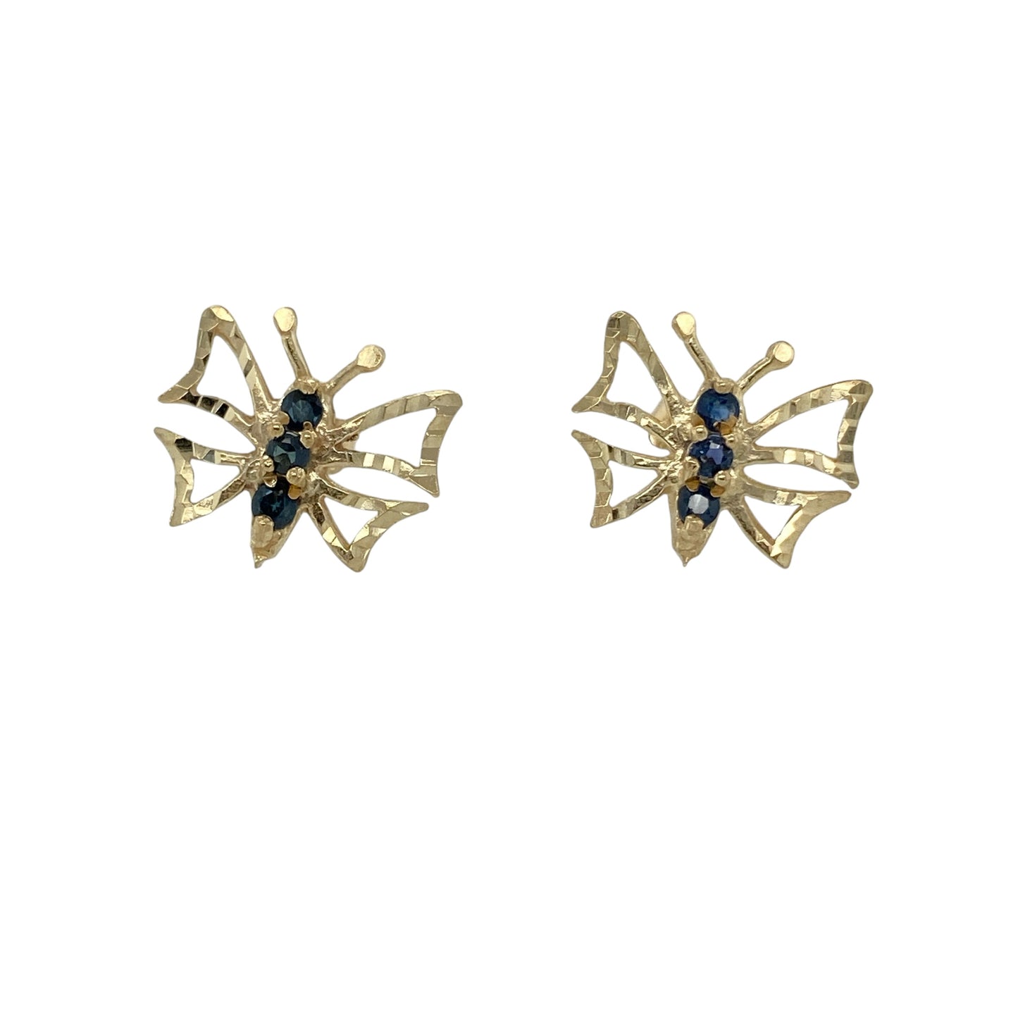 Add graceful charm and vibrant colour to your jewellery collection with these pre-owned 9ct yellow gold sapphire butterfly stud earrings, featuring an elegant butterfly design that symbolises transformation, hope and beauty.

Design: The earrings are shaped as delicate butterflies, with rich blue sapphires creating the wings for a timeless and eye-catching finish. Their elegant design makes them suitable for both everyday wear and special occasions.