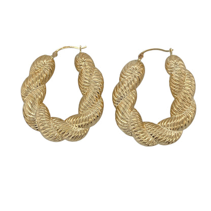 9ct Gold Plaited Textured Twisted Oval Creole Earrings