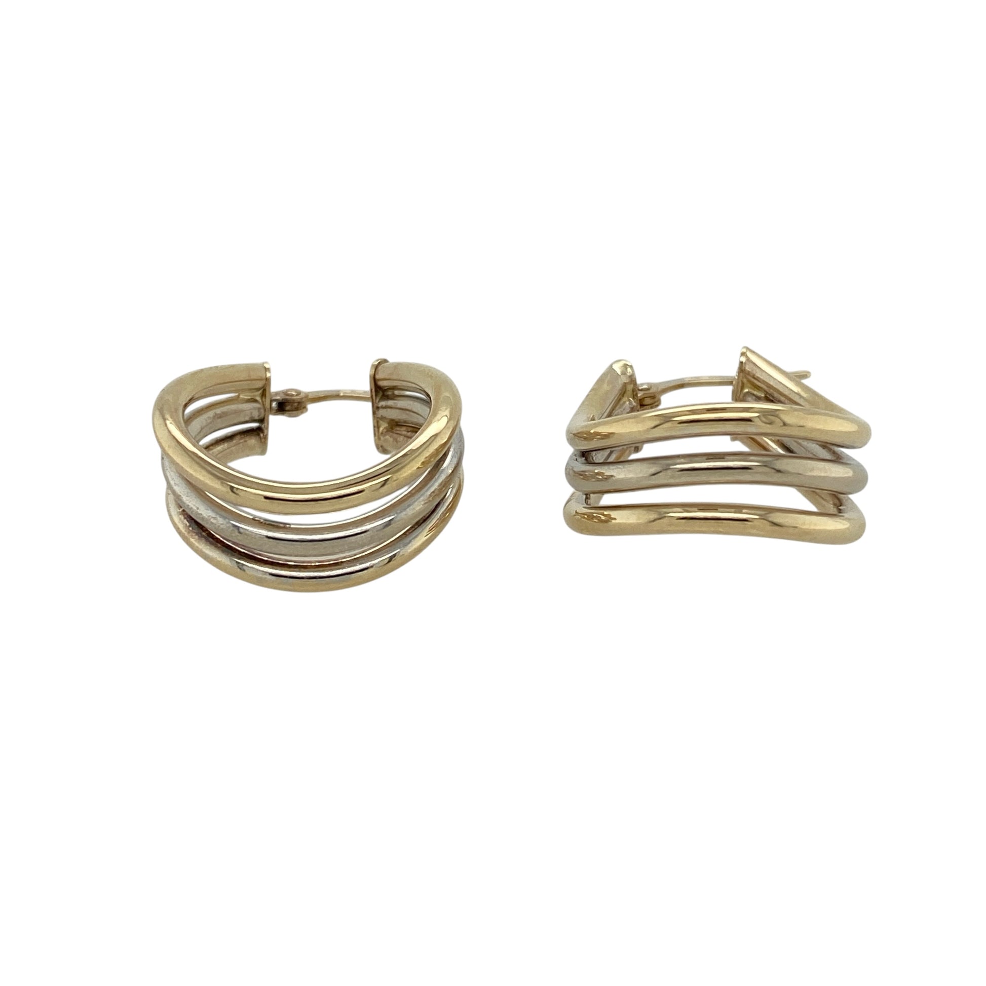 Add contemporary elegance to your jewellery collection with these pre-owned 9ct yellow and white gold three strand wave Creole earrings, featuring a stylish two-tone design that combines flowing curves with timeless sophistication.

Design: The earrings showcase a distinctive three strand wave design, with intertwined yellow and white gold creating a graceful flowing effect. The contrasting gold tones add depth and visual interest, making these earrings an eye-catching accessory for any occasion.