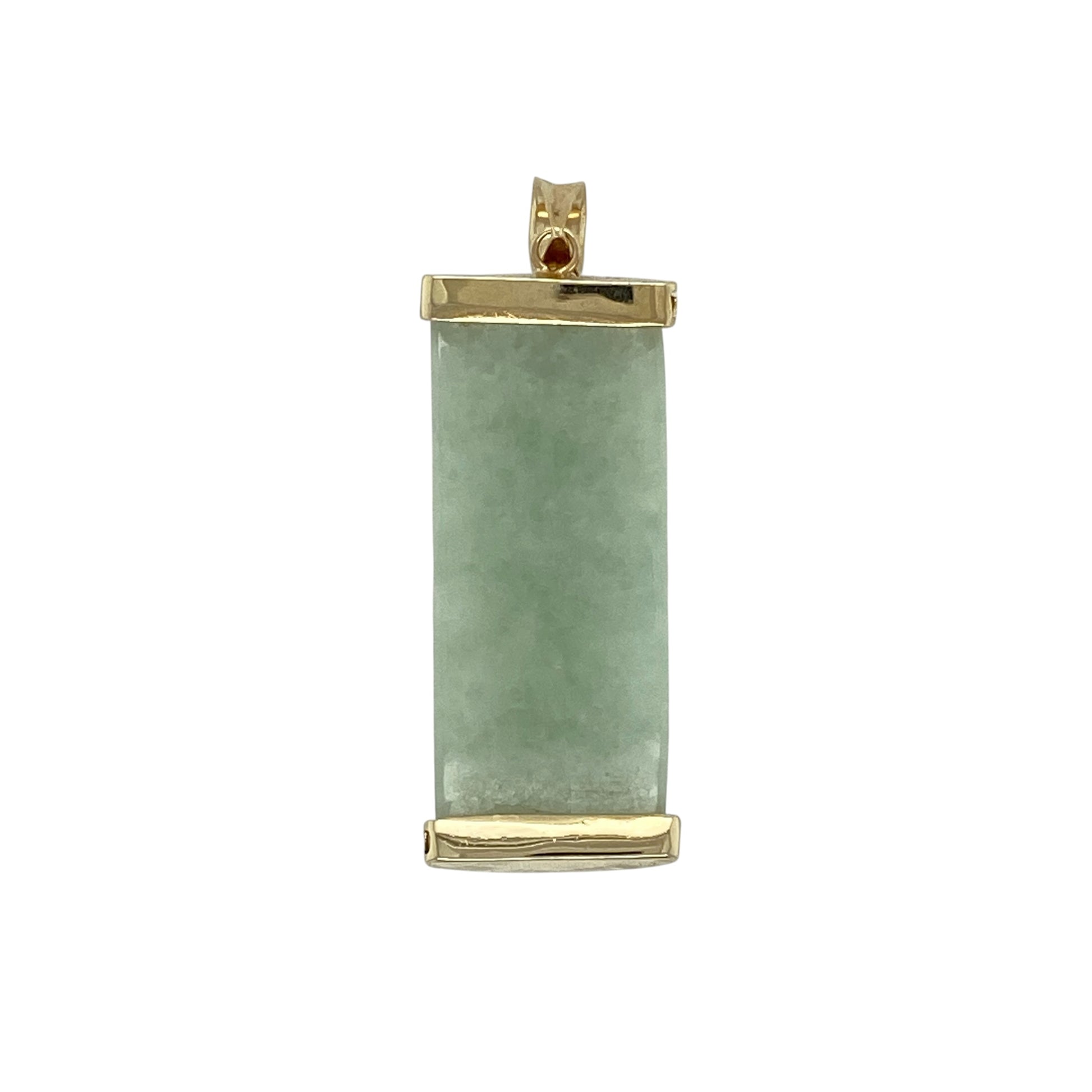 Add timeless elegance and natural beauty to your jewellery collection with this pre-owned 9ct yellow gold jade pendant, featuring an oriental-inspired design with a curved gold bar that beautifully showcases the rich green jade.

Design: The pendant features a polished jade drop suspended from a curved yellow gold bar, creating a graceful oriental-inspired design with a classic and elegant appearance. The flowing lines and natural jade make it a distinctive piece for everyday wear or special occasions.