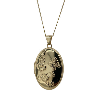 9ct Gold Oval Flower Butterfly Locket 20" Necklace