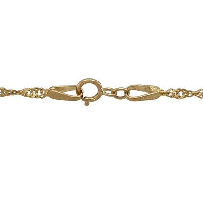 Add timeless elegance to your jewellery collection with this pre-owned 9ct yellow gold Singapore chain, featuring beautifully twisted links that create exceptional sparkle and a classic look for everyday wear or layering with your favourite pendant.

Design: The chain features the distinctive Singapore link design, with delicate twisted links that catch the light from every angle. Measuring 16 inches in length with a 2mm link width, it offers an elegant and versatile style.