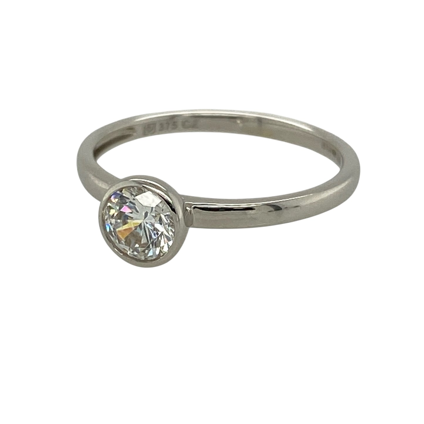 Add timeless sparkle to your jewellery collection with this pre-owned 9ct white gold cubic zirconia solitaire ring, featuring a classic rubover design that offers elegant simplicity and everyday sophistication.

Design: The ring showcases a brilliant round cubic zirconia measuring approximately 5mm in diameter, secured in a sleek rubover setting that creates a smooth, contemporary finish while enhancing the stone's sparkle.