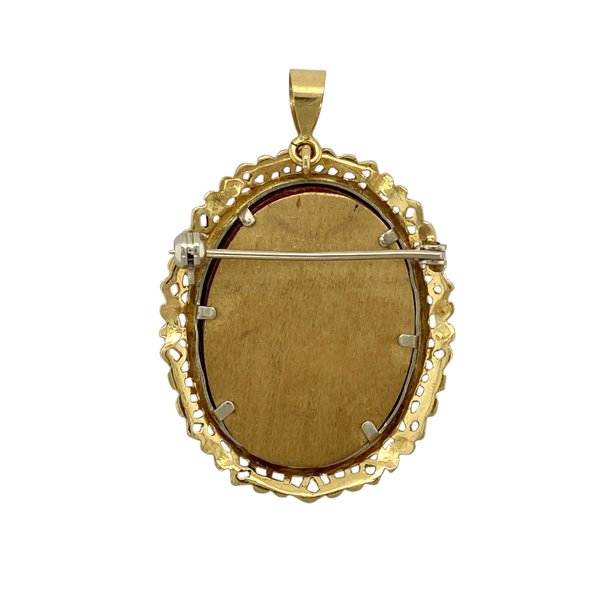 Own a distinctive piece of vintage jewellery with this pre-owned 18ct yellow gold Art Nouveau style Marie Antoinette brooch and pendant, featuring an elegant portrait design enhanced with a ruby and sparkling white stones. Combining two jewellery styles in one, it can be worn as either a brooch or a pendant for timeless versatility.

Design: The brooch showcases an ornate Art Nouveau inspired portrait of Marie Antoinette, beautifully accented with a vibrant ruby and shimmering white stones.