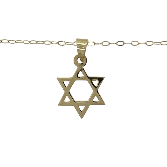 Celebrate faith and heritage with this pre-owned 9ct yellow gold Star of David pendant necklace, featuring a timeless religious symbol suspended from a delicate 16-inch trace chain—perfect for everyday wear or as a meaningful gift.

Design: The necklace features a classic Star of David pendant with a polished finish, measuring approximately 2.1cm long including the bail. Its elegant and timeless design makes it a meaningful piece that can be worn every day or for special occasions.
