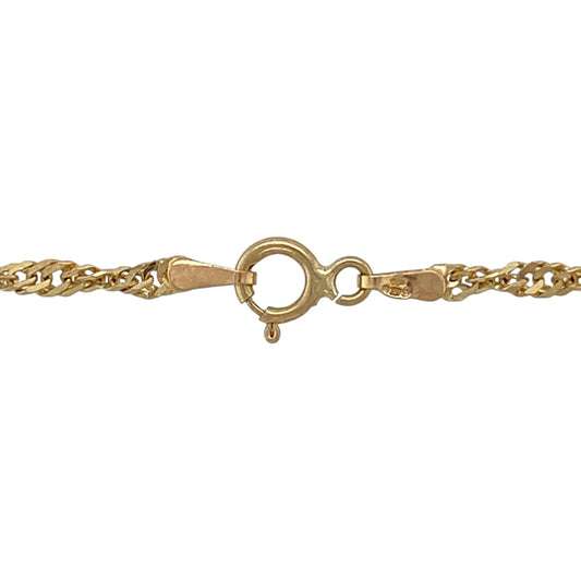 Add timeless elegance to your jewellery collection with this pre-owned 9ct yellow gold Singapore chain, featuring beautifully twisted links that create exceptional sparkle and a classic look for everyday wear or layering with your favourite pendant.

Design: The chain features the distinctive Singapore link design, with delicate 2mm twisted links that catch the light from every angle. Measuring 22 inches in length, it offers a longer, elegant profile that can be worn alone or layered with other necklaces.