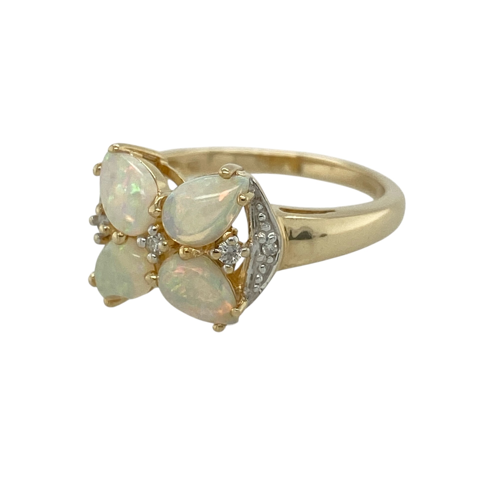 Add elegant sparkle and captivating colour to your jewellery collection with this pre-owned 14ct yellow gold diamond and Opalique flower ring, featuring a beautiful floral design with shimmering Opalique gemstones and sparkling diamond accents—perfect for everyday elegance or special occasions.

Design: The ring showcases an eye-catching flower cluster measuring approximately 11mm high, formed from four teardrop-shaped Opalique stones, each measuring approximately 6mm by 4mm.
