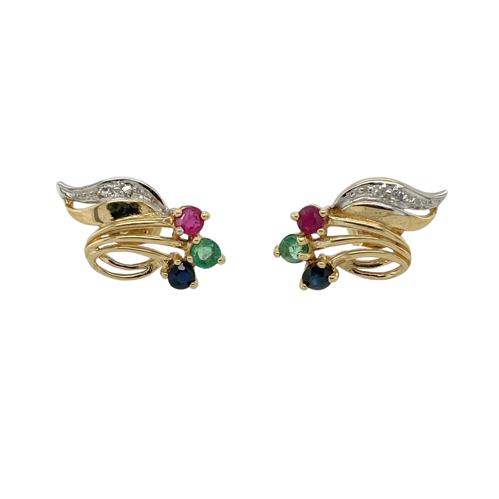 Add colourful elegance to your jewellery collection with these pre-owned 9ct yellow gold diamond and gemstone swirl style stud earrings, featuring sparkling diamonds alongside vibrant ruby, emerald and sapphire gemstones in a graceful swirling design.

Design: The earrings showcase an elegant swirl design accented with sparkling diamonds and vibrant round-cut ruby, emerald and sapphire gemstones, each measuring approximately 1mm in diameter.