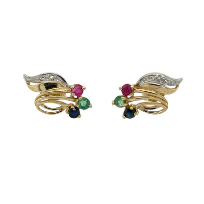 Add colourful elegance to your jewellery collection with these pre-owned 9ct yellow gold diamond and gemstone swirl style stud earrings, featuring sparkling diamonds alongside vibrant ruby, emerald and sapphire gemstones in a graceful swirling design.

Design: The earrings showcase an elegant swirl design accented with sparkling diamonds and vibrant round-cut ruby, emerald and sapphire gemstones, each measuring approximately 1mm in diameter.