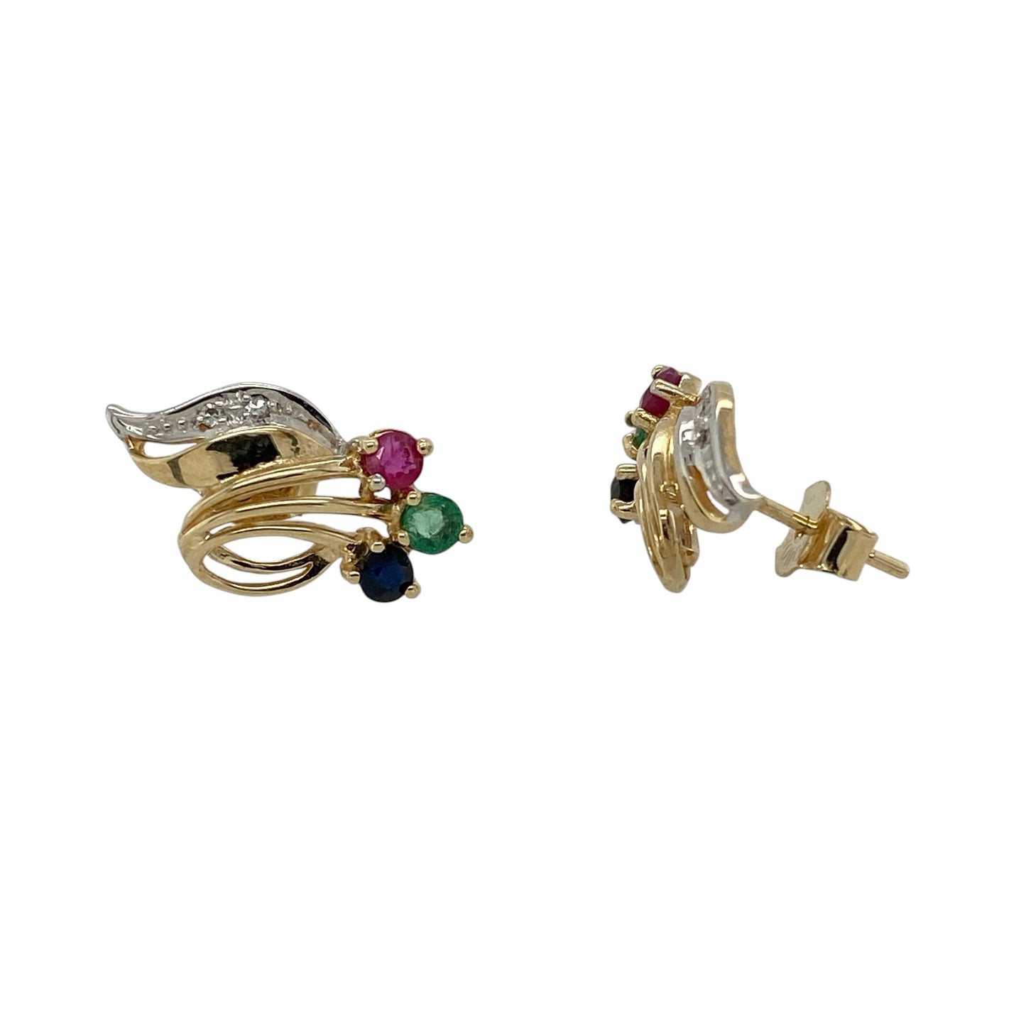 9ct Gold Diamond & Gemstone Swirl Style Stud Earrings