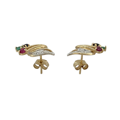 9ct Gold Diamond & Gemstone Swirl Style Stud Earrings