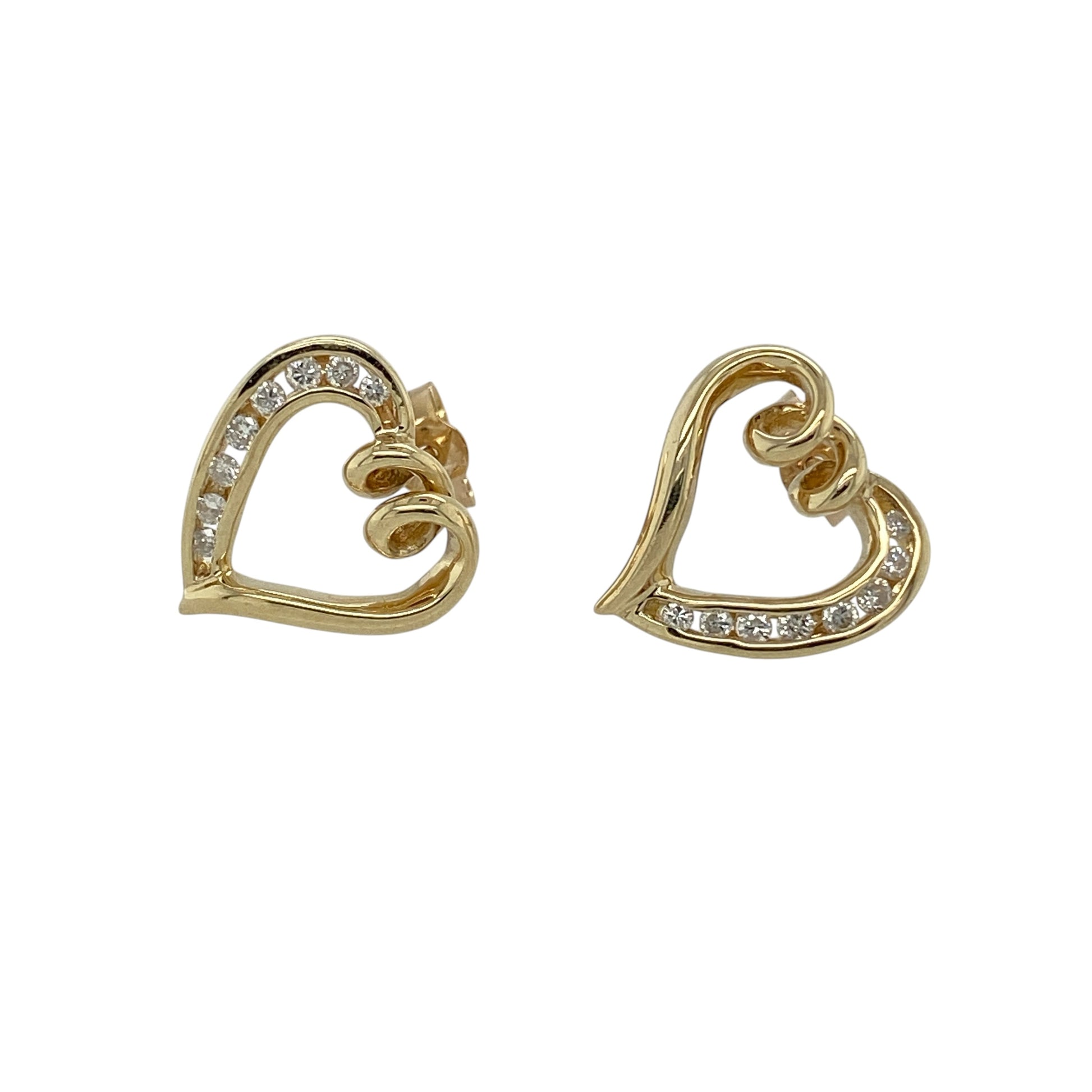 Add timeless sparkle and romantic style to your jewellery collection with these pre-owned 9ct yellow gold diamond open heart stud earrings, featuring an elegant heart design accented with sparkling diamonds—perfect for everyday wear or as a meaningful gift.

Design: The earrings showcase a classic open heart design, beautifully enhanced with sparkling diamond accents that add a touch of brilliance. Their elegant and timeless styling makes them suitable for both everyday wear and special occasions.