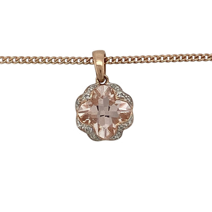 Add romantic elegance to your jewellery collection with this pre-owned 9ct rose gold diamond and morganite pendant necklace, featuring a stunning morganite centre stone with delicate diamond detailing in a beautiful floral-inspired design.

Design: The necklace showcases a round morganite measuring approximately 10mm in diameter, creating a captivating focal point with its soft blush-pink tones.