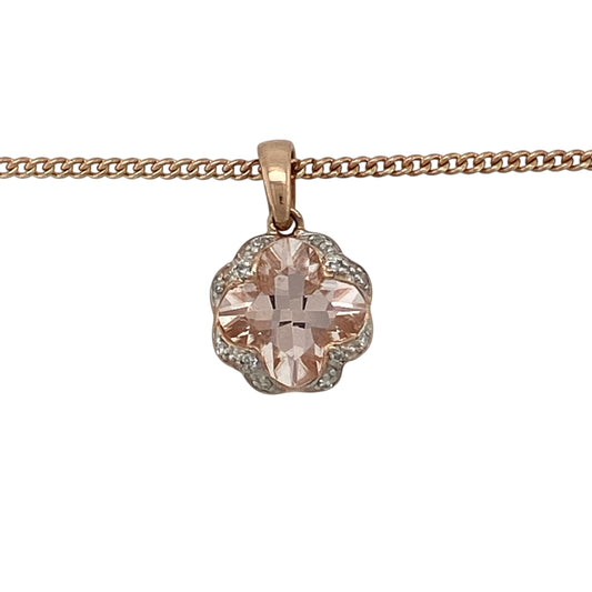 Add romantic elegance to your jewellery collection with this pre-owned 9ct rose gold diamond and morganite pendant necklace, featuring a stunning morganite centre stone with delicate diamond detailing in a beautiful floral-inspired design.

Design: The necklace showcases a round morganite measuring approximately 10mm in diameter, creating a captivating focal point with its soft blush-pink tones.