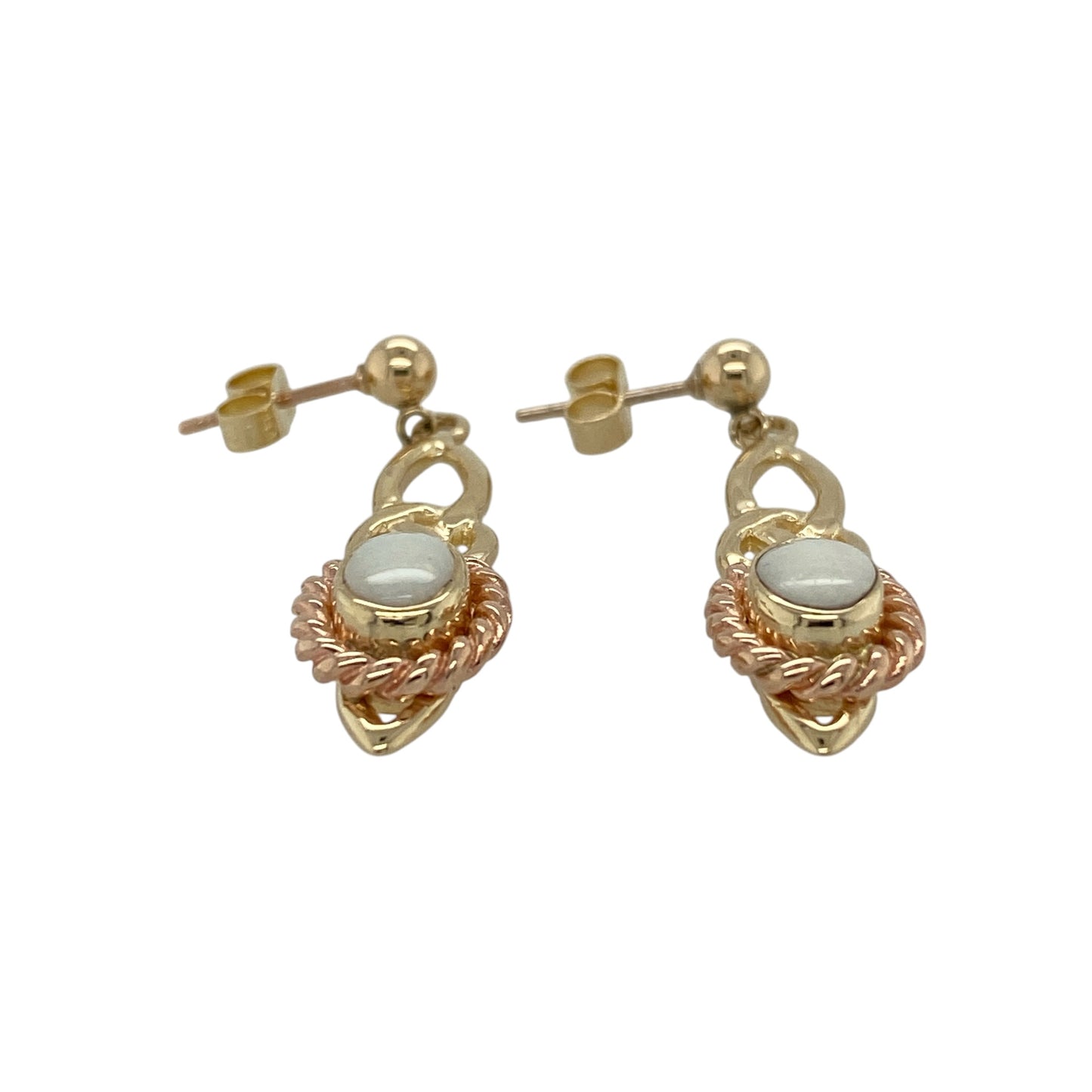 Celebrate Welsh heritage with these pre-owned 9ct yellow and rose gold Clogau Opalique Celtic drop earrings, featuring elegant Opalique gemstones surrounded by rope-style detailing in a timeless Celtic-inspired design.

Design: The earrings showcase beautiful oval Opalique stones measuring approximately 7mm by 5mm, each framed by an attractive rope-style surround.