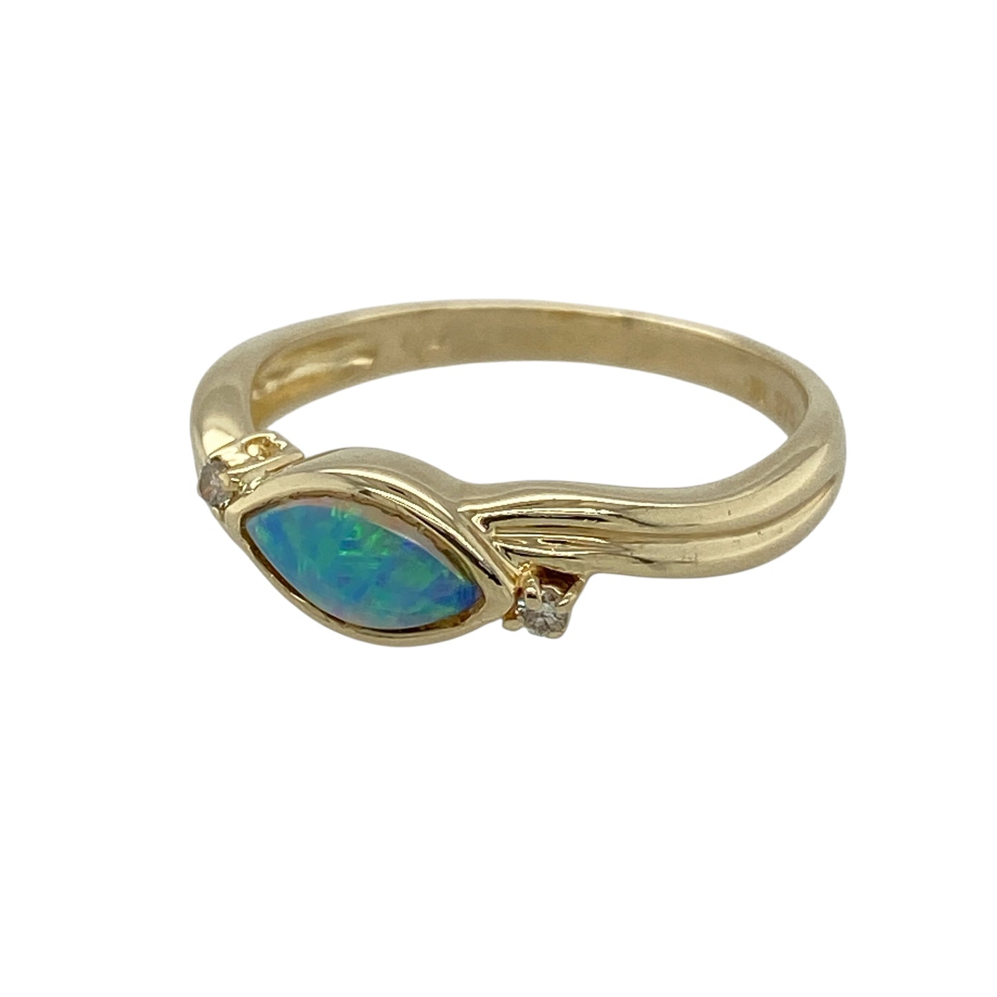 Add elegant sparkle and iridescent colour to your jewellery collection with this pre-owned 9ct yellow gold diamond and Opalique ring, featuring a marquise-shaped Opalique centre stone accented by sparkling diamonds—perfect for everyday elegance or special occasions.

Design: The ring showcases a beautiful marquise-shaped Opalique stone measuring approximately 8mm by 4mm, displaying a captivating iridescent glow.