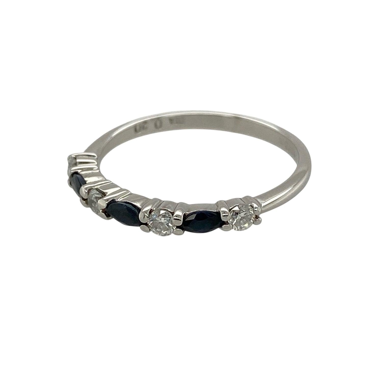 Add timeless elegance and vibrant colour to your jewellery collection with this pre-owned 9ct white gold diamond and sapphire band ring, featuring marquise-cut sapphires complemented by sparkling diamonds—perfect for everyday luxury or special occasions.

Design: The ring showcases elegant marquise-cut sapphires, each measuring approximately 4mm by 2mm, beautifully complemented by sparkling diamonds.