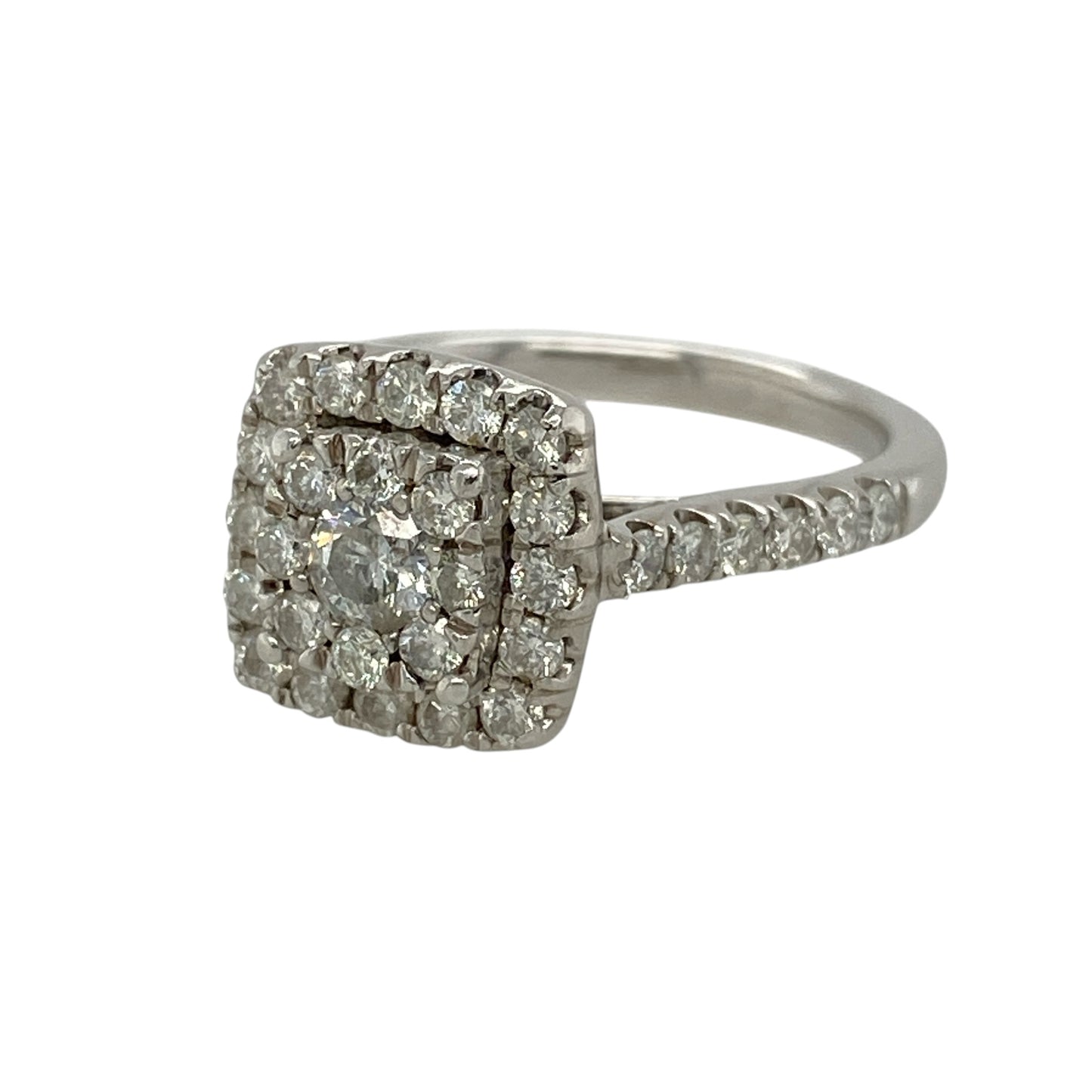 Add exceptional sparkle to your jewellery collection with this pre-owned 9ct white gold diamond halo cluster ring, featuring an impressive halo design with approximately 1ct of total diamond content—perfect for special occasions or luxurious everyday wear.

Design: The ring showcases a striking halo cluster design measuring approximately 11mm across the front, creating a dazzling display of brilliance.