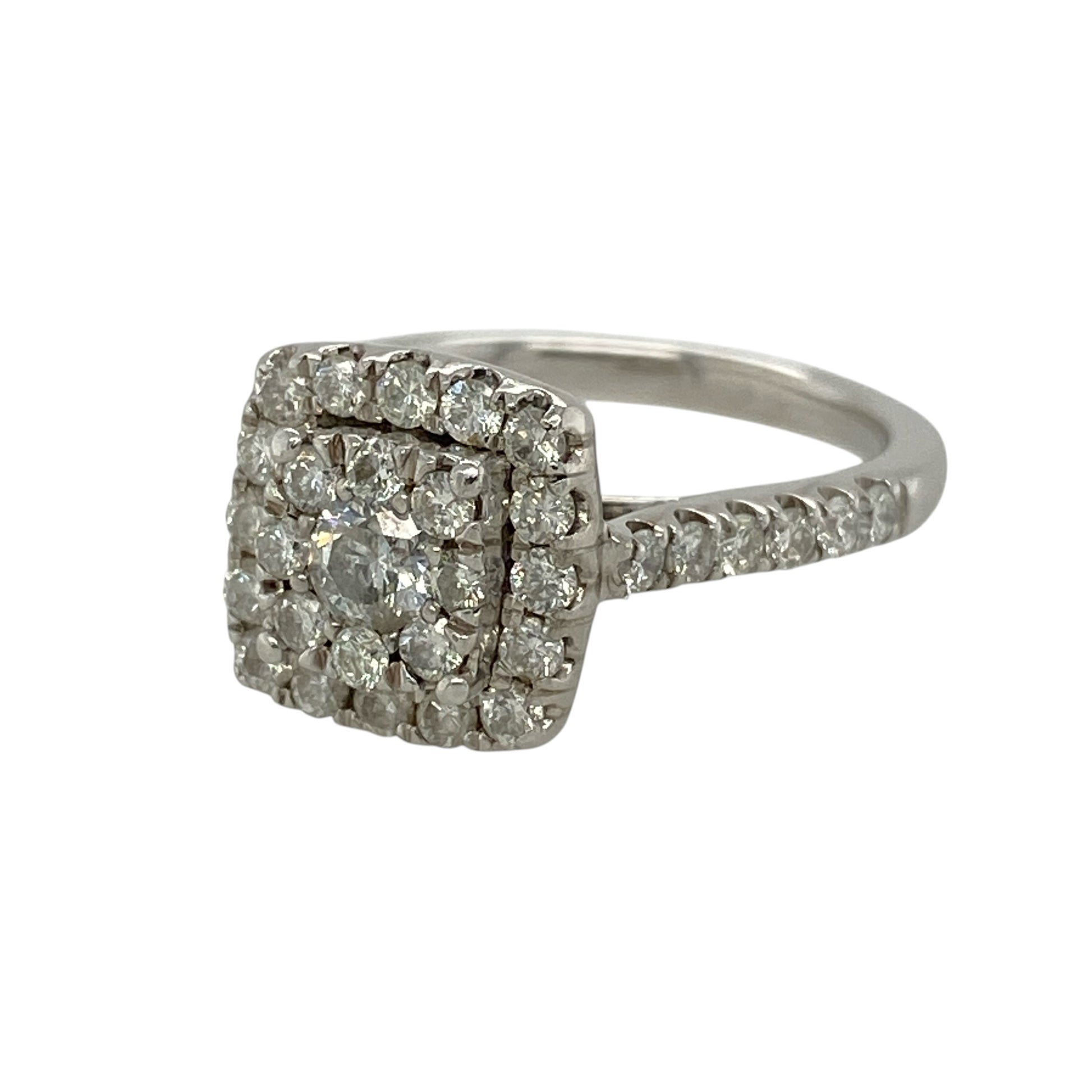 Add exceptional sparkle to your jewellery collection with this pre-owned 9ct white gold diamond halo cluster ring, featuring an impressive halo design with approximately 1ct of total diamond content—perfect for special occasions or luxurious everyday wear.

Design: The ring showcases a striking halo cluster design measuring approximately 11mm across the front, creating a dazzling display of brilliance.