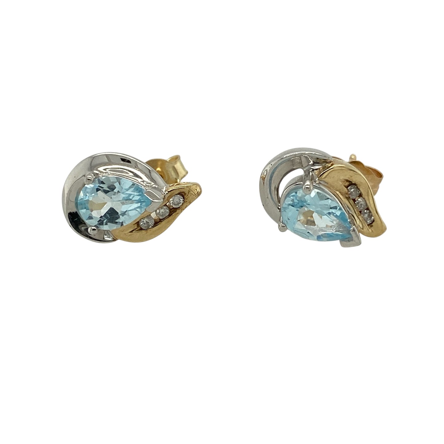 Add elegant sparkle and vibrant colour to your jewellery collection with these pre-owned 9ct yellow and white gold diamond and blue topaz teardrop stud earrings, featuring stunning blue topaz gemstones complemented by sparkling diamond accents.

Design: The earrings showcase beautiful teardrop-shaped blue topaz gemstones, each measuring approximately 7mm by 5mm.