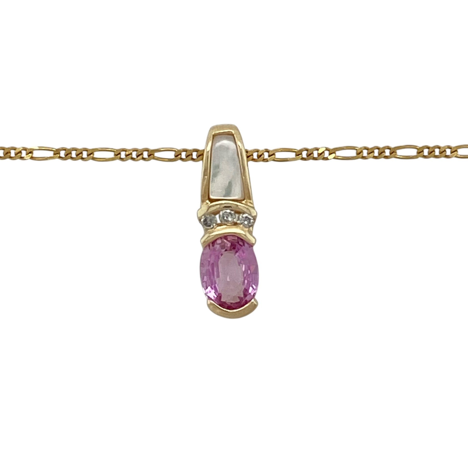 Add elegant colour and timeless sophistication to your jewellery collection with this pre-owned 14ct yellow gold diamond, mother of pearl and pink sapphire pendant necklace, featuring a beautiful combination of shimmering mother of pearl, a vibrant pink sapphire and sparkling diamond accents.

Design: The necklace features an elegant pendant measuring approximately 1.7cm long, showcasing an oval pink sapphire measuring approximately 7mm by 5mm.
