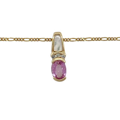 Add elegant colour and timeless sophistication to your jewellery collection with this pre-owned 14ct yellow gold diamond, mother of pearl and pink sapphire pendant necklace, featuring a beautiful combination of shimmering mother of pearl, a vibrant pink sapphire and sparkling diamond accents.

Design: The necklace features an elegant pendant measuring approximately 1.7cm long, showcasing an oval pink sapphire measuring approximately 7mm by 5mm.