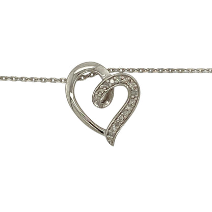 Add timeless sparkle and romantic elegance to your jewellery collection with this pre-owned 9ct white gold diamond open heart pendant necklace, featuring a classic open heart design adorned with sparkling diamonds—perfect for everyday wear or as a meaningful gift.

Design: The necklace features a beautifully proportioned open heart pendant measuring approximately 14mm by 13mm. Sparkling diamond accents enhance the elegant heart design, creating a timeless piece with graceful brilliance.