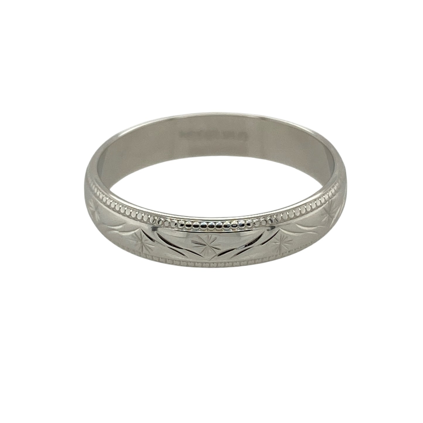 Celebrate timeless style with this pre-owned 9ct white gold patterned wedding band ring, featuring an elegant engraved finish that offers a classic yet distinctive look—perfect as a wedding band, commitment ring or everyday accessory.

Design: The ring features a 4mm wide band with an attractive patterned finish, creating subtle texture and visual interest while maintaining a timeless and versatile design. Its classic profile makes it suitable for both men and women.