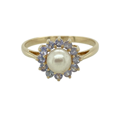 9ct Gold Pearl & Tanzanite Cluster Ring