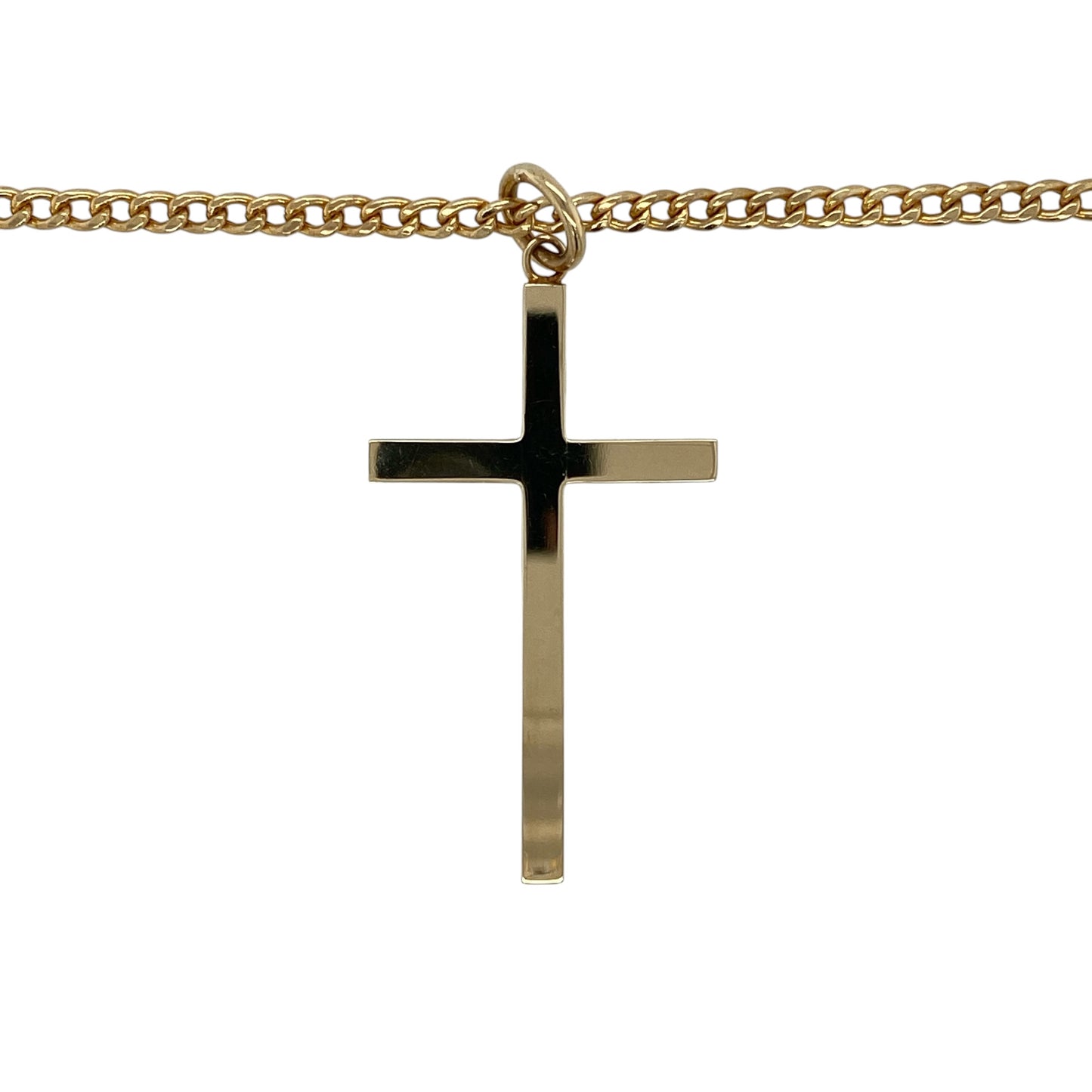 Make a timeless statement of faith with this pre-owned 9ct yellow gold plain large cross pendant necklace, featuring a classic polished cross suspended from a substantial 22-inch curb chain.

Design: The necklace showcases a large plain cross pendant with clean, smooth lines and a polished finish that highlights its timeless simplicity. Measuring approximately 4.9cm long including the bail, the cross creates an elegant and meaningful focal point suitable for everyday wear or special occasions.
