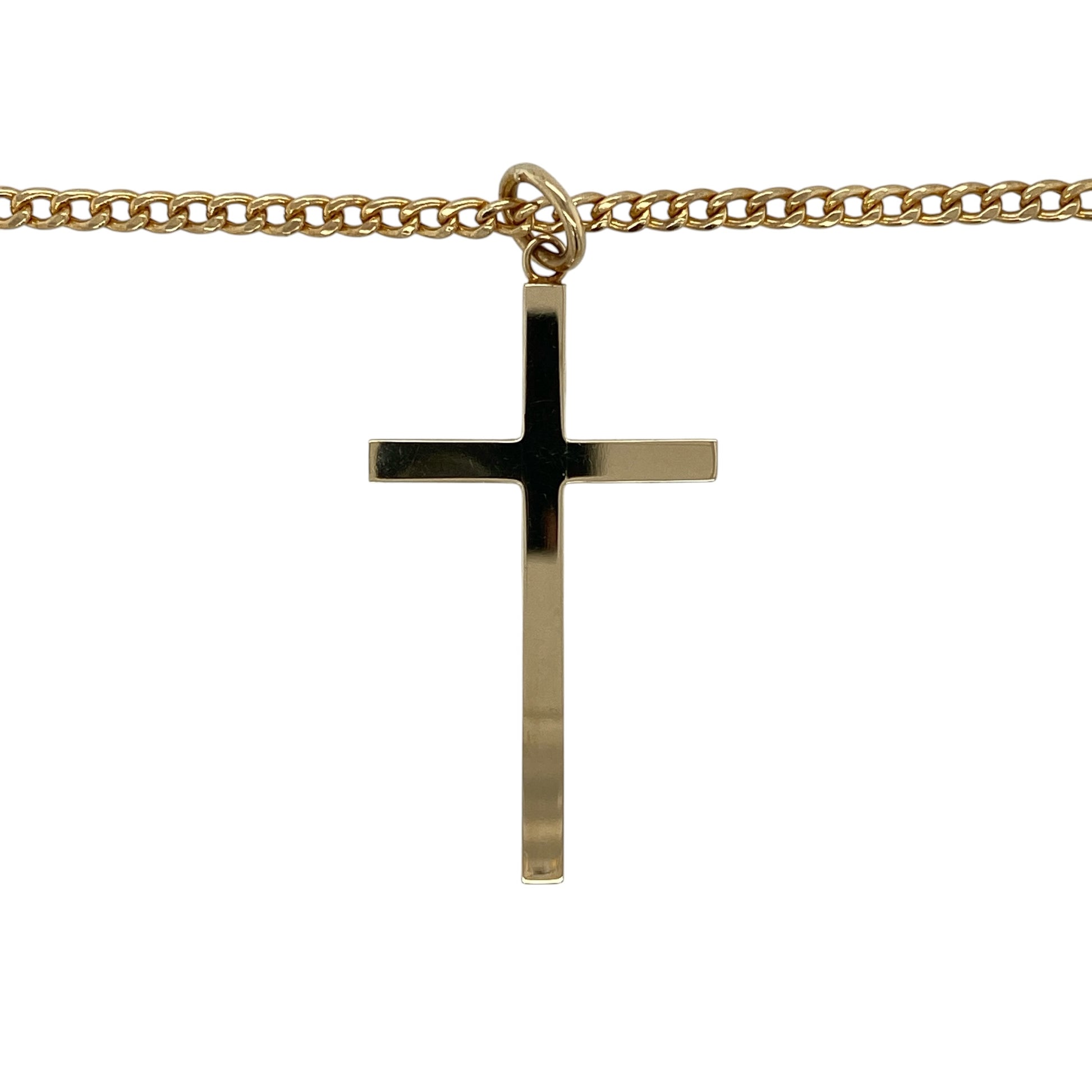 Make a timeless statement of faith with this pre-owned 9ct yellow gold plain large cross pendant necklace, featuring a classic polished cross suspended from a substantial 22-inch curb chain.

Design: The necklace showcases a large plain cross pendant with clean, smooth lines and a polished finish that highlights its timeless simplicity. Measuring approximately 4.9cm long including the bail, the cross creates an elegant and meaningful focal point suitable for everyday wear or special occasions.