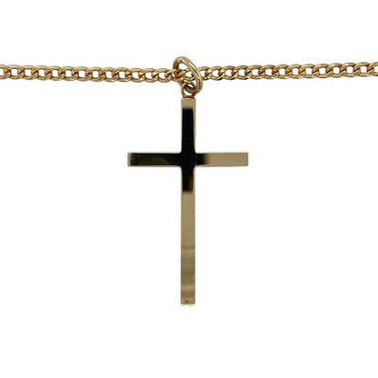 Make a timeless statement of faith with this pre-owned 9ct yellow gold plain large cross pendant necklace, featuring a classic polished cross suspended from a substantial 22-inch curb chain.

Design: The necklace showcases a large plain cross pendant with clean, smooth lines and a polished finish that highlights its timeless simplicity. Measuring approximately 4.9cm long including the bail, the cross creates an elegant and meaningful focal point suitable for everyday wear or special occasions.