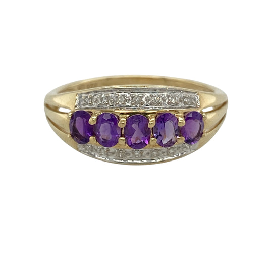 9ct Gold Diamond & Amethyst Band Ring