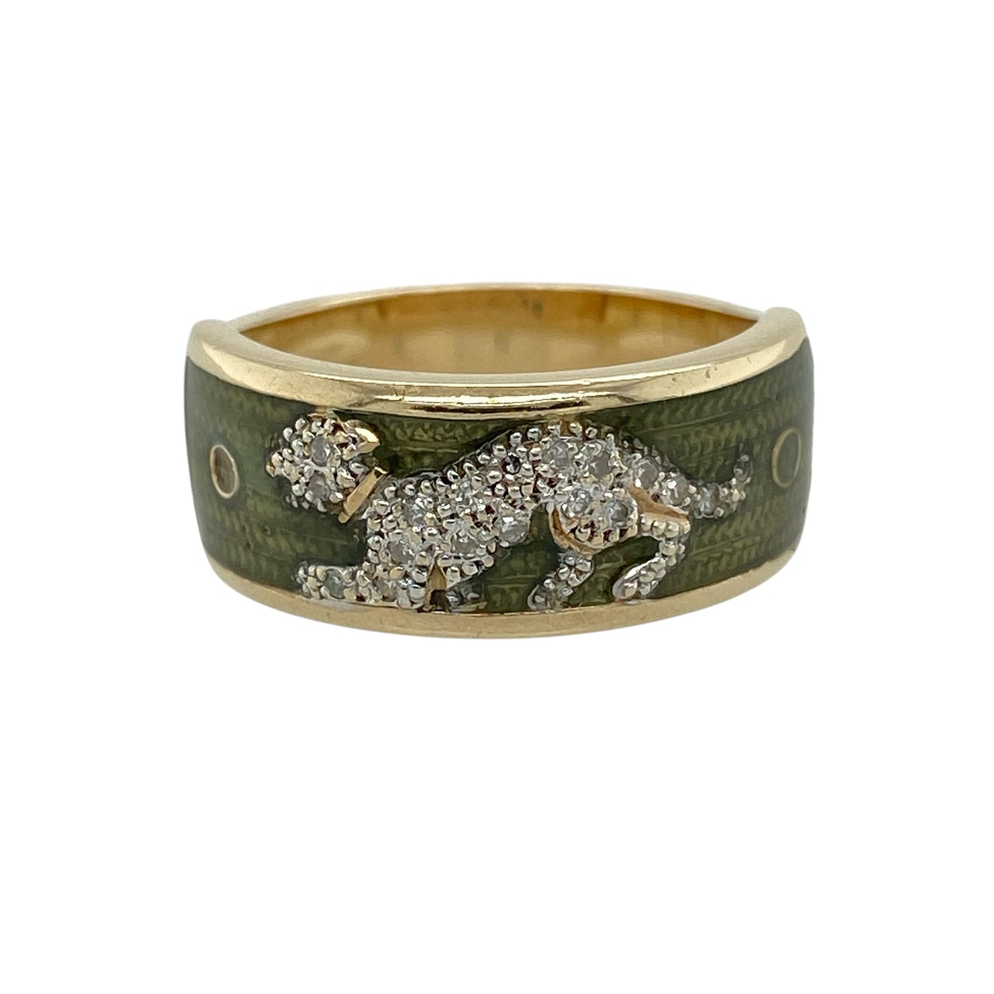 9ct Gold & Diamond Green Enamel Leopard Band Ring