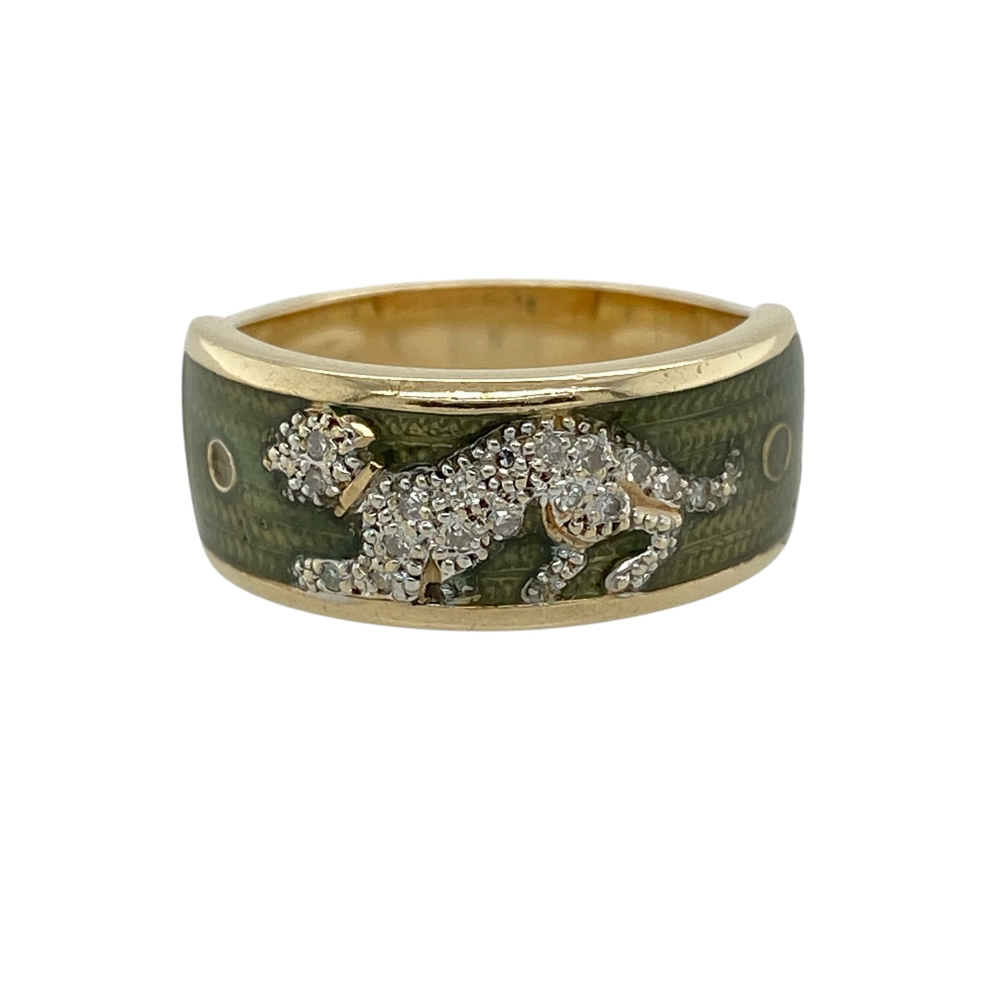 9ct Gold & Diamond Green Enamel Leopard Band Ring